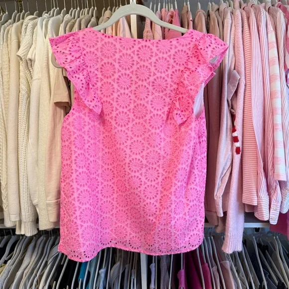 Lilly Pulitzer Hot Pink Eyelet V-Neck Ruffle Sleeve Lina Top - Picture 4 of 5